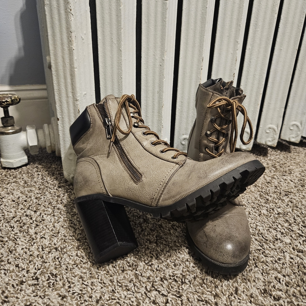 Maurices Taupe Lace-Up Block Heel Ankle Boots